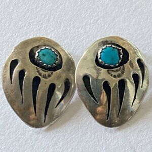 Large Navajo Bear Paw Earrings 925 Silver Turquoise Native USA Artist Signed B
